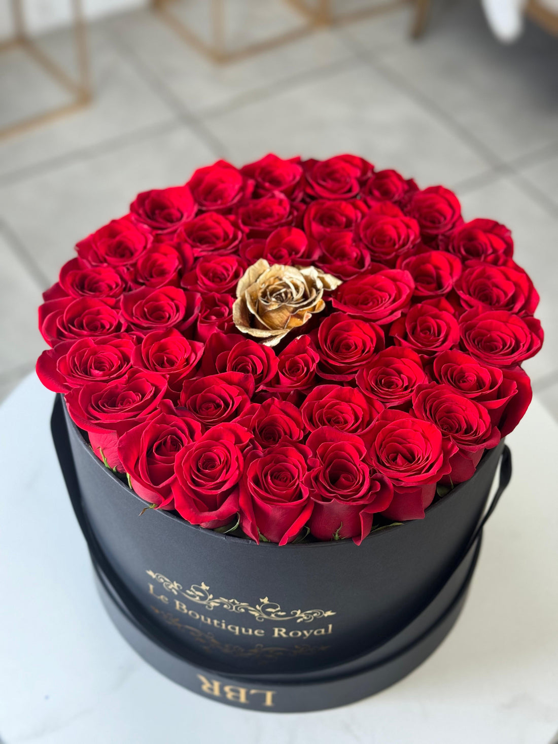 Red and Gold Roses in Signature Box – Luxury Flower Arrangement | Le Boutique Royal