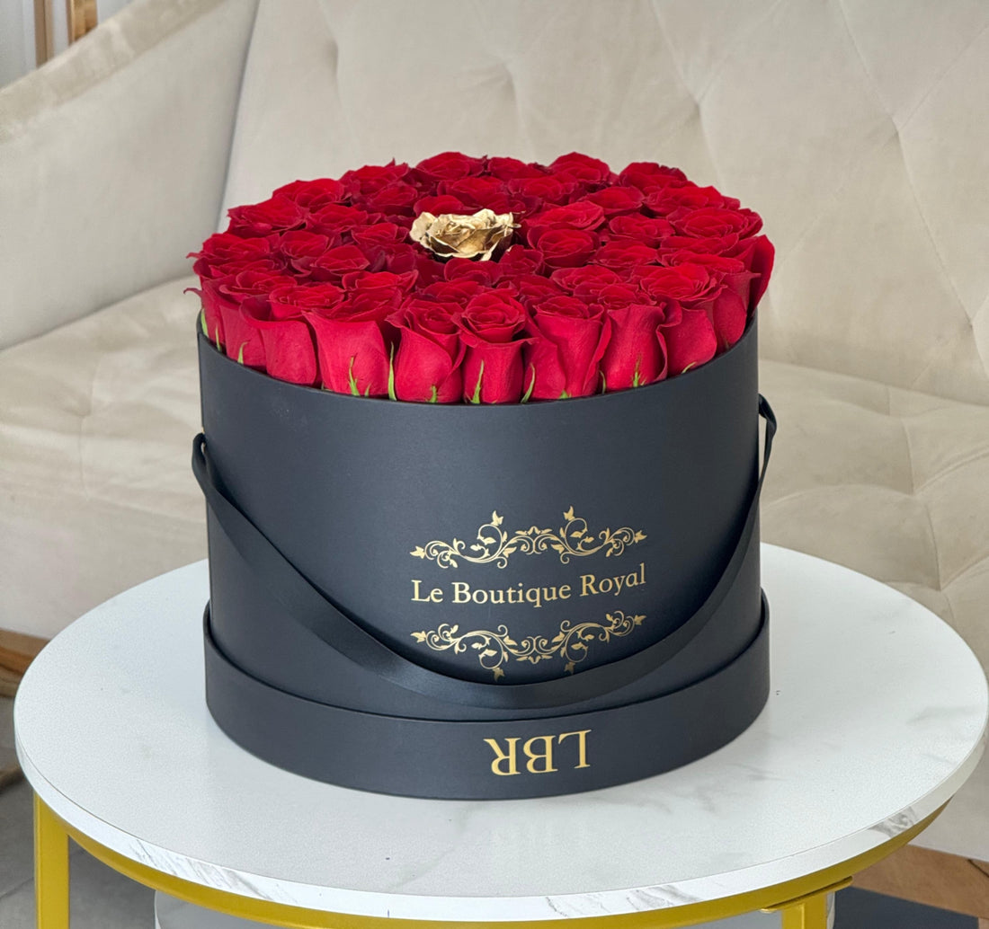 Red and Gold Roses in Signature Box – Luxury Flower Arrangement | Le Boutique Royal