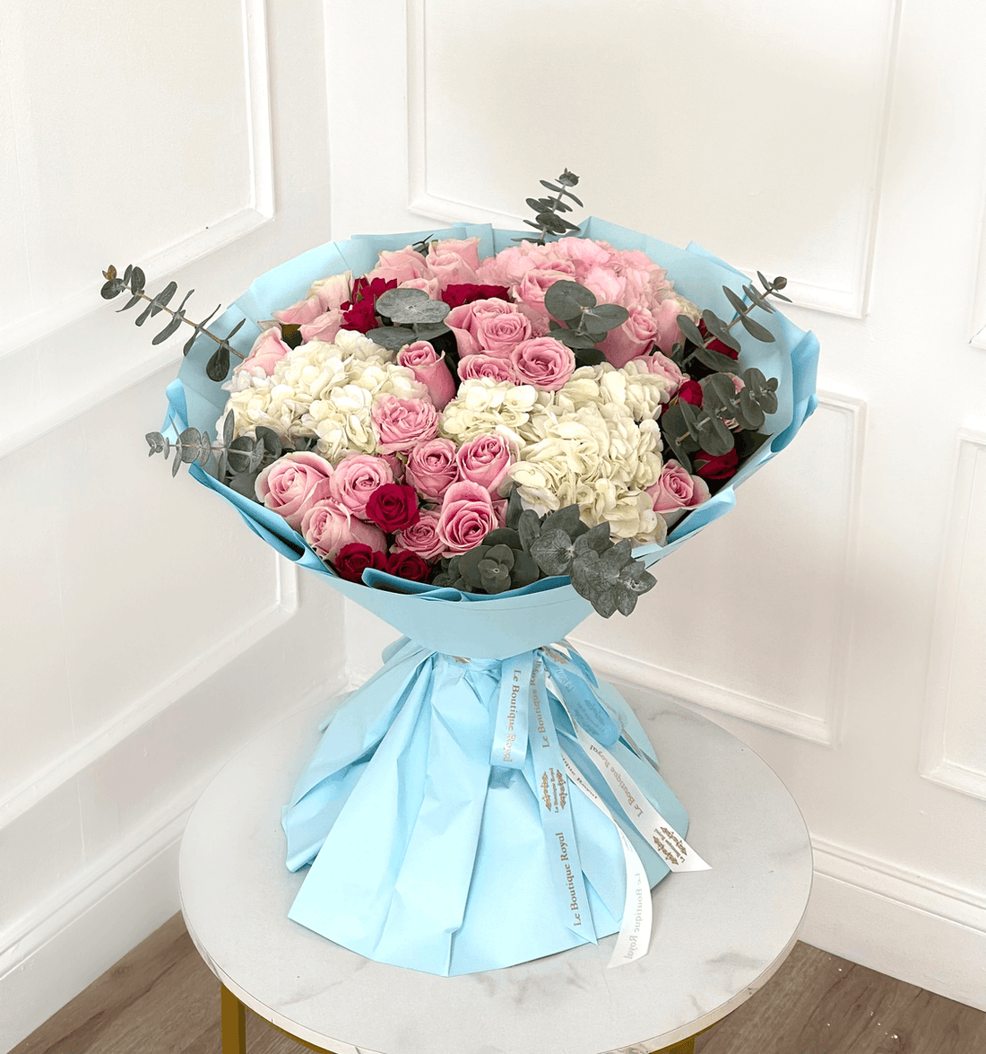 Luxury Pink and Blue Hand-Tied Bouquet of Fresh Roses and Seasonal Flowers | Le Boutique Royal
