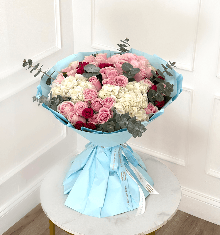 Luxury Pink and Blue Hand-Tied Bouquet of Fresh Roses and Seasonal Flowers | Le Boutique Royal