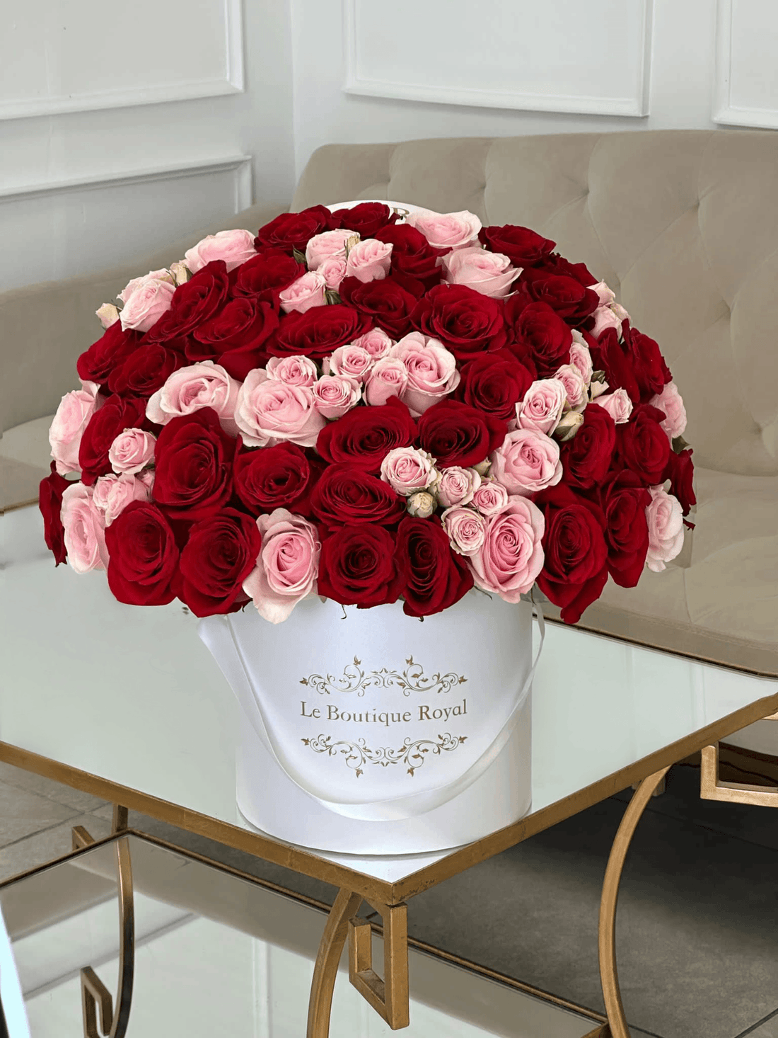 Pink & Red Roses and Mini Roses in Signature Box – Luxury Flower Arrangement | Le Boutique Royal