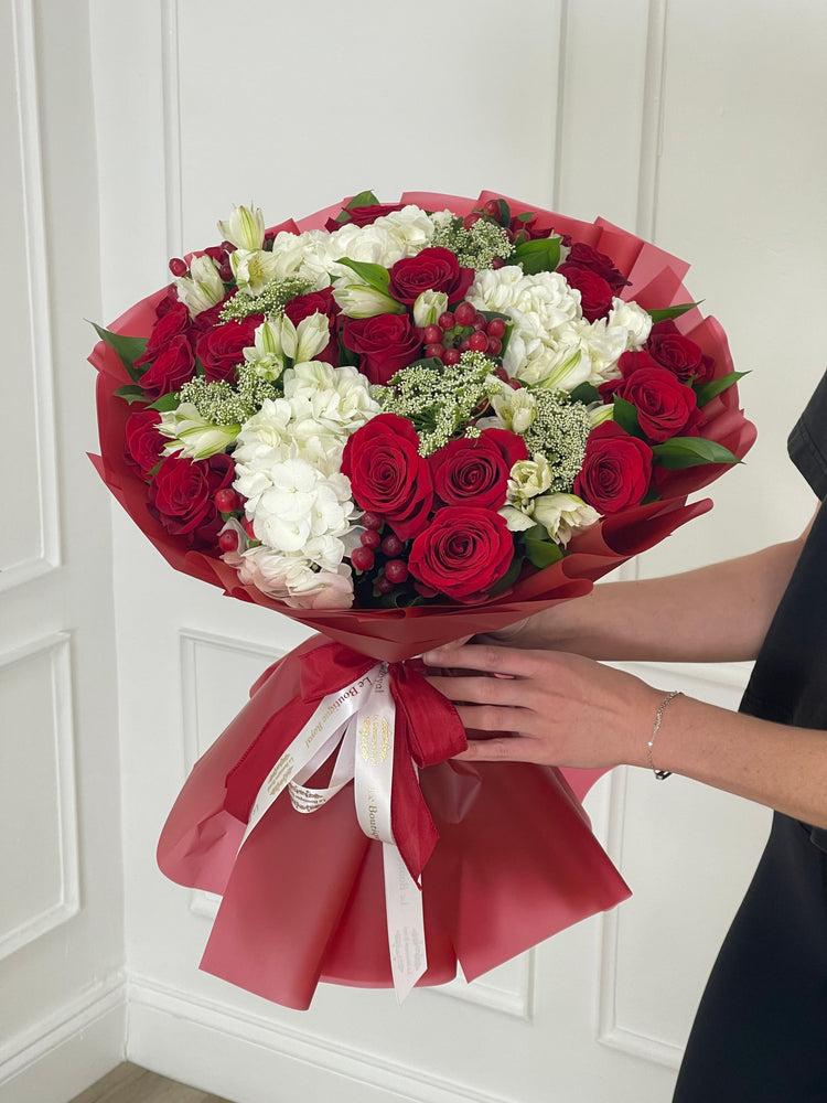 Luxury Red Hand-Tied Bouquet of Fresh Seasonal Flowers | Le Boutique Royal