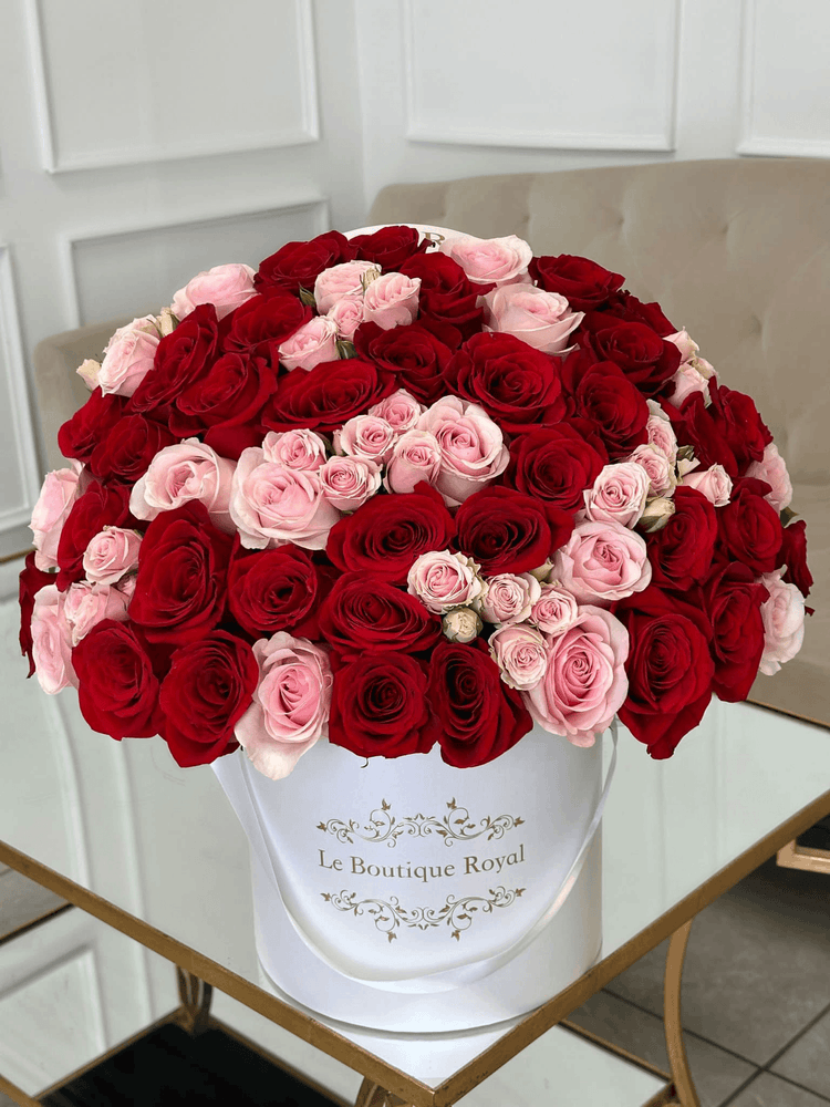 Pink & Red Roses and Mini Roses in Signature Box – Luxury Flower Arrangement | Le Boutique Royal