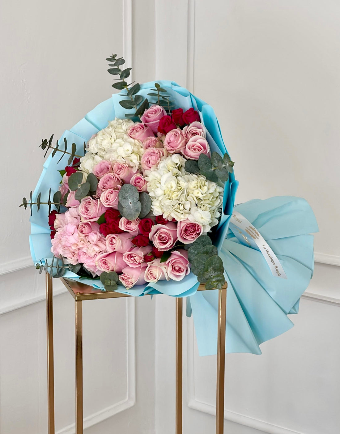 Luxury Pink and Blue Hand-Tied Bouquet of Fresh Roses and Seasonal Flowers | Le Boutique Royal
