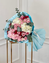 Luxury Pink and Blue Hand-Tied Bouquet of Fresh Roses and Seasonal Flowers | Le Boutique Royal