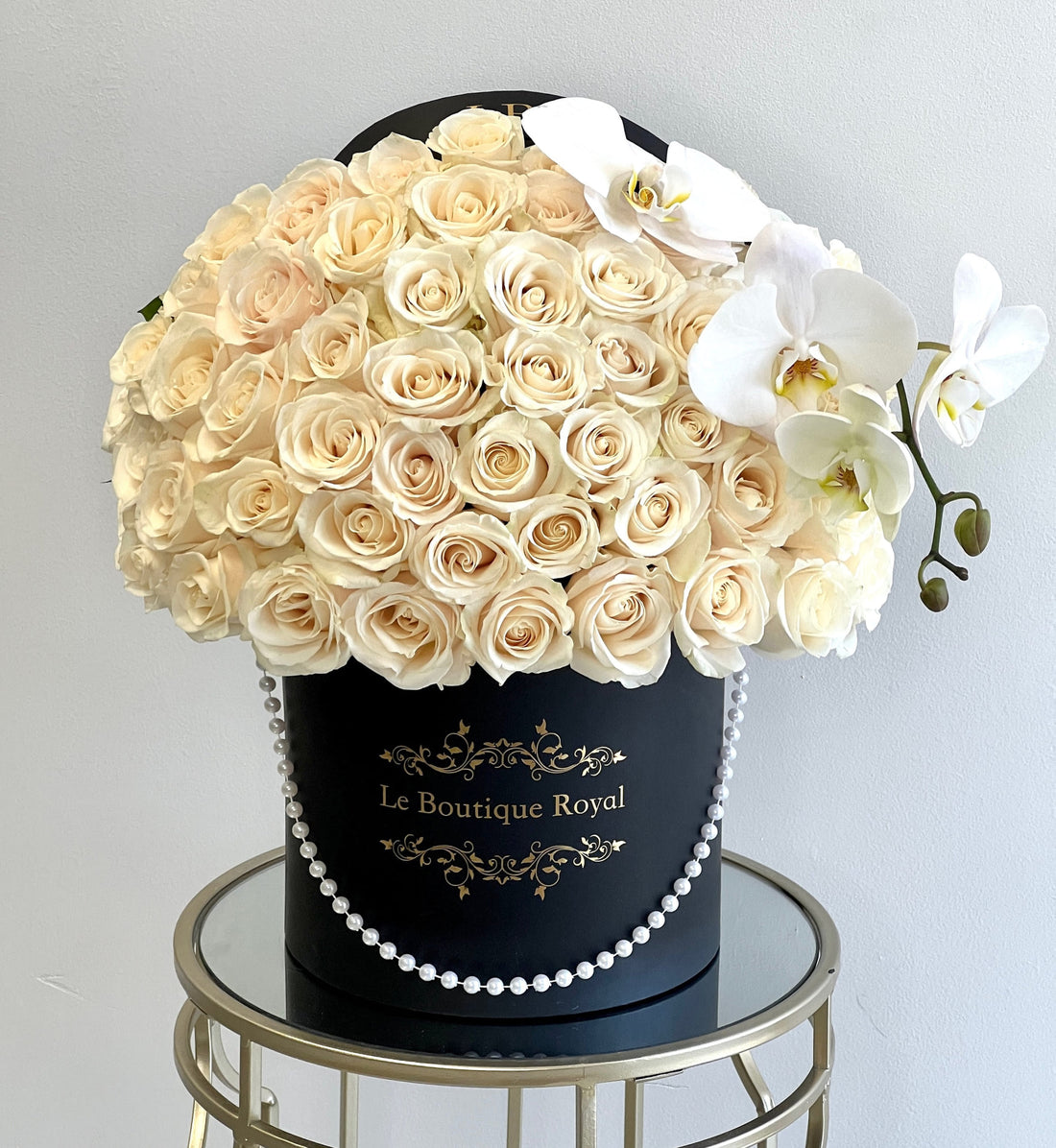 50 White Orchids and Roses – Luxury Flower Arrangement | Le Boutique Royal
