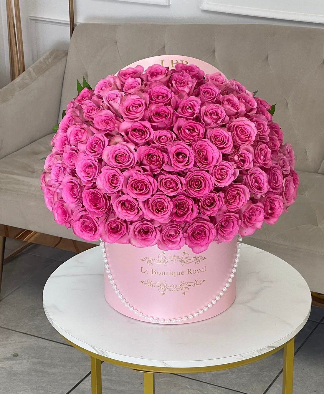 50 Pink Roses in Signature Box – Luxury Flower Arrangement | Le Boutique Royal