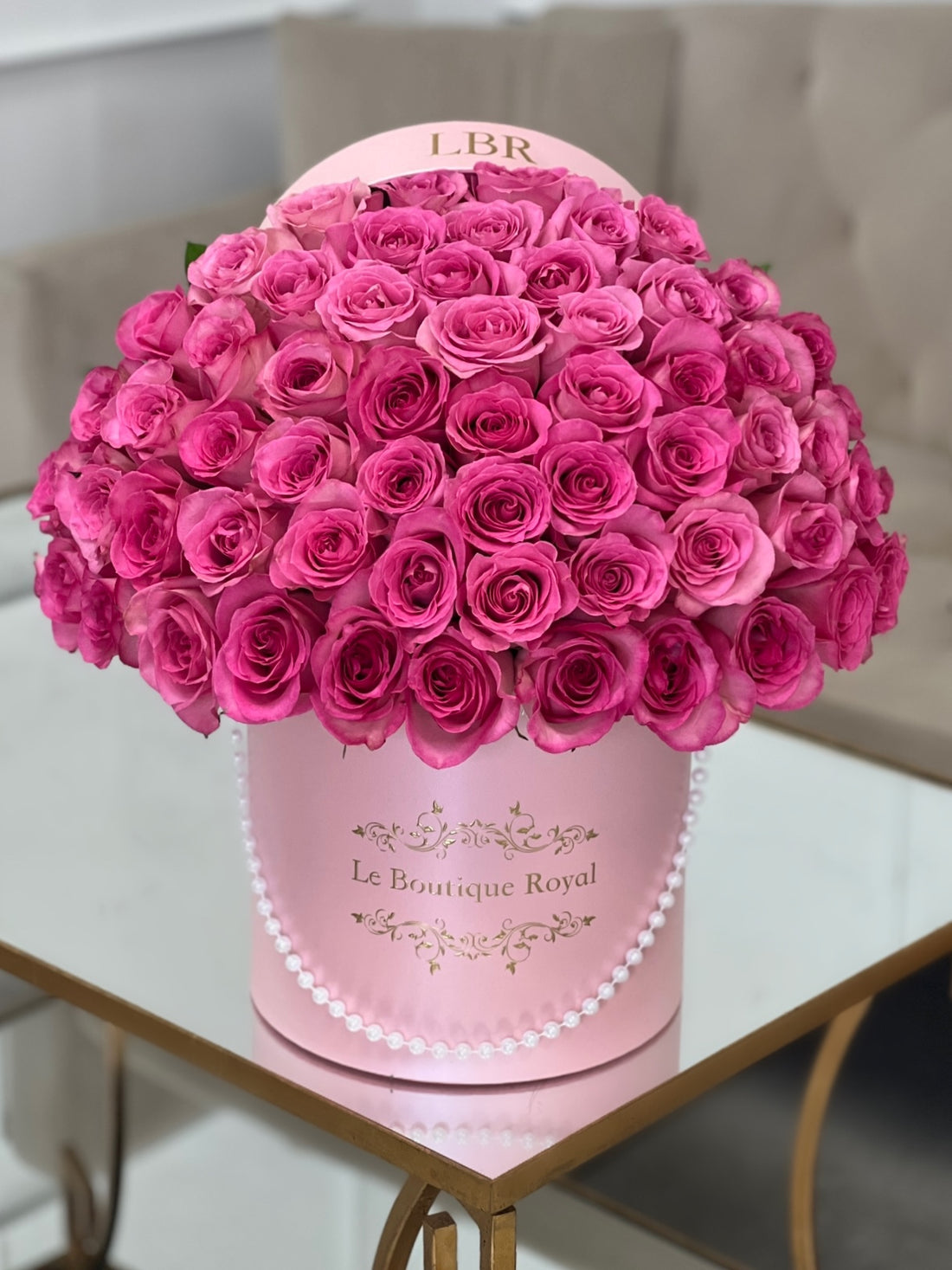 50 Pink Roses in Signature Box – Luxury Flower Arrangement | Le Boutique Royal