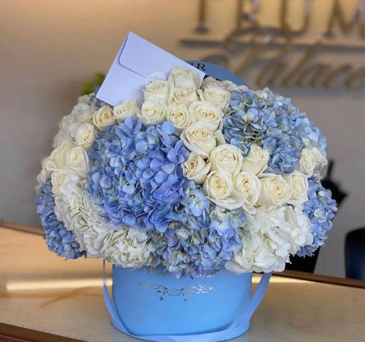 Blue and White Hydrangeas In A Beautiful Le Boutique Royal Box