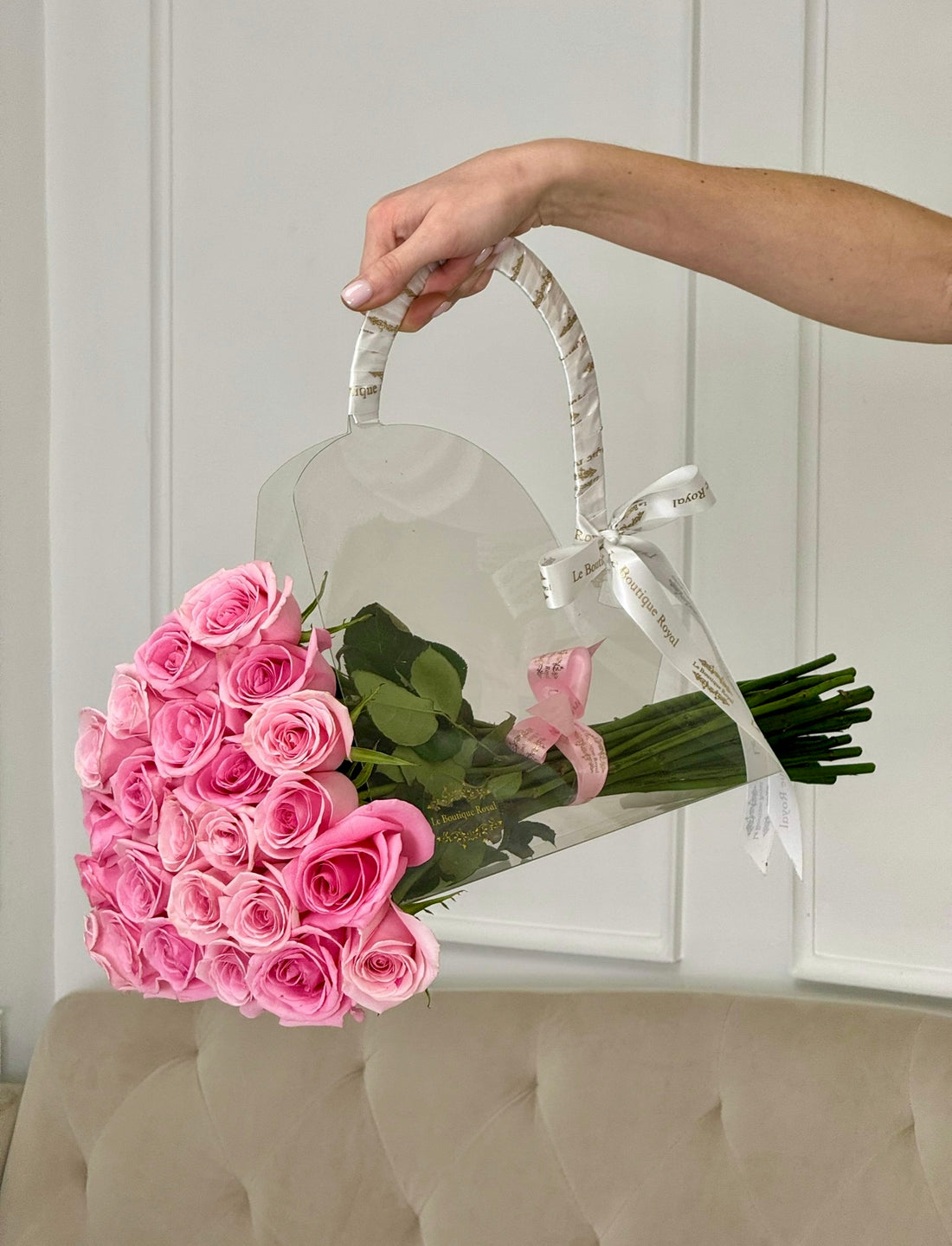Two Dozen Pink Roses in Bloom Bag – Luxury Flower Delivery Miami | Le Boutique Royal