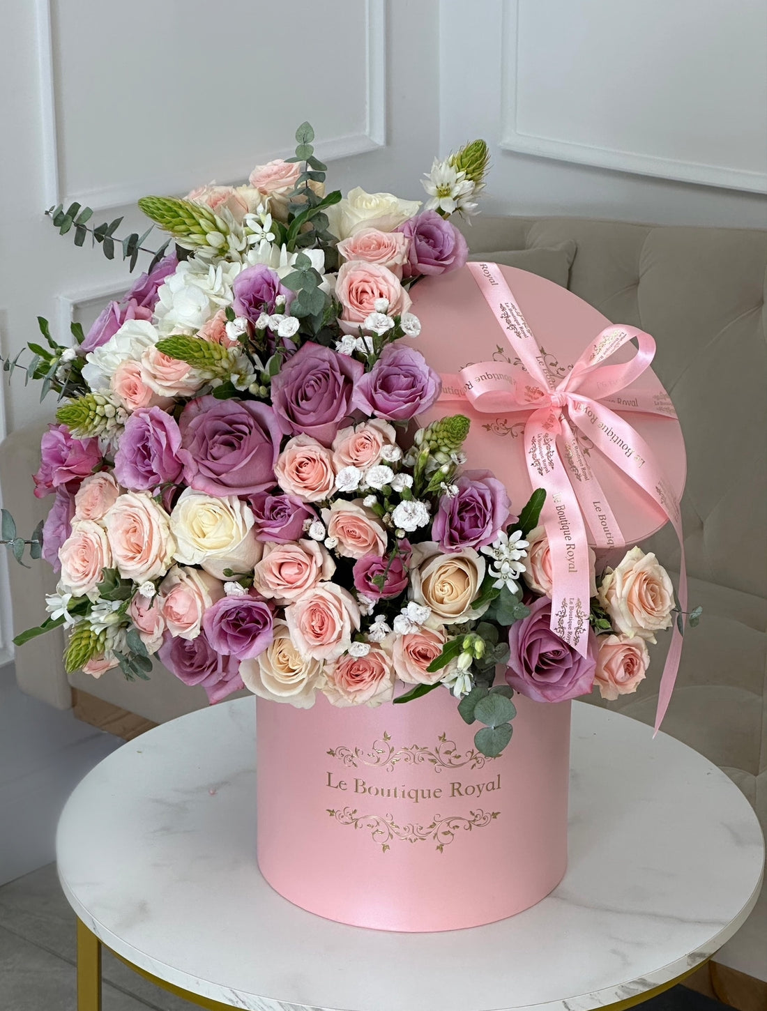 Pink Mix With Iris, Hydrangeas , Cala Lilies , Roses – Luxury Flower Arrangement Miami | Le Boutique Royal