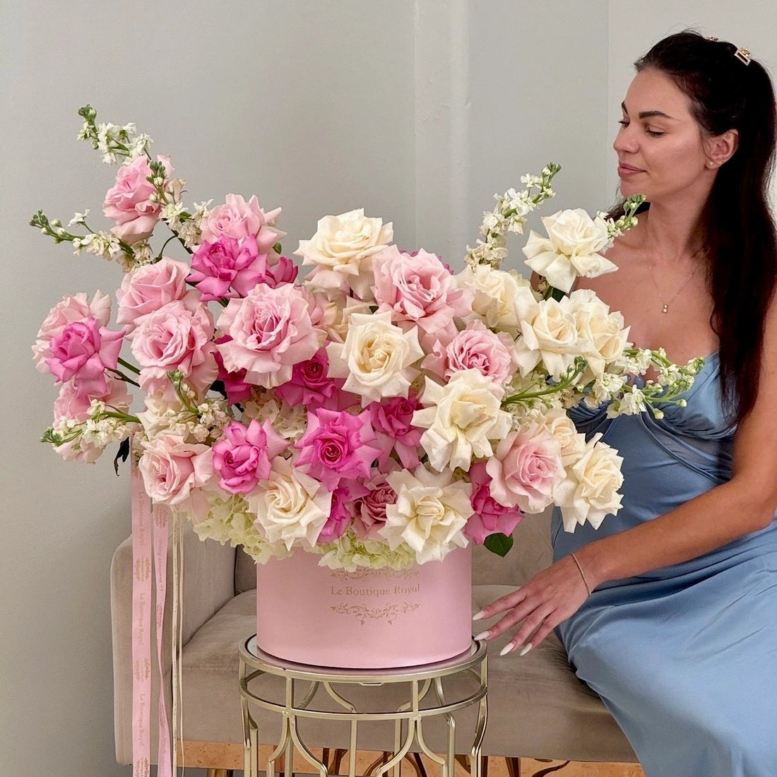 Blushing Beauty grand pink and white flower arrangement with French roses, hydrangeas and stock.