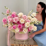 Blushing Beauty grand pink and white flower arrangement with French roses, hydrangeas and stock.